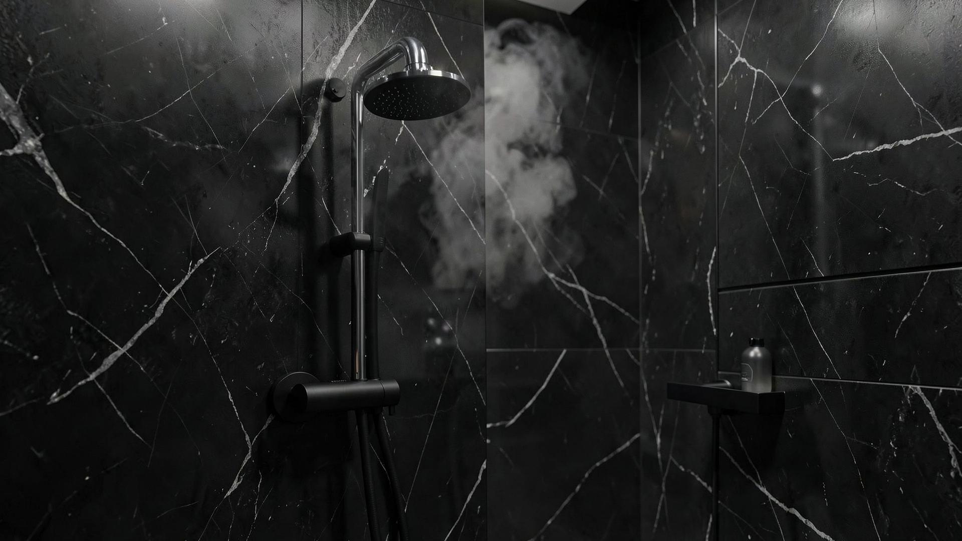 Baño moderno de mármol negro con Norten Pure® instalado
